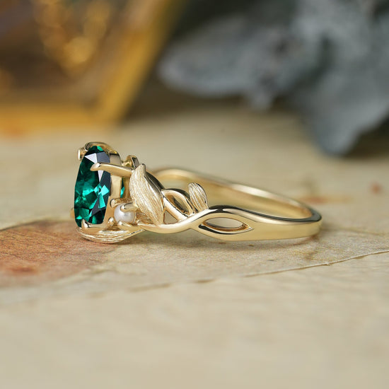 Elegant Oval Cut Emerald Brushed Gold Leaf Ring - Thea (925 Silver) - GemsMagic