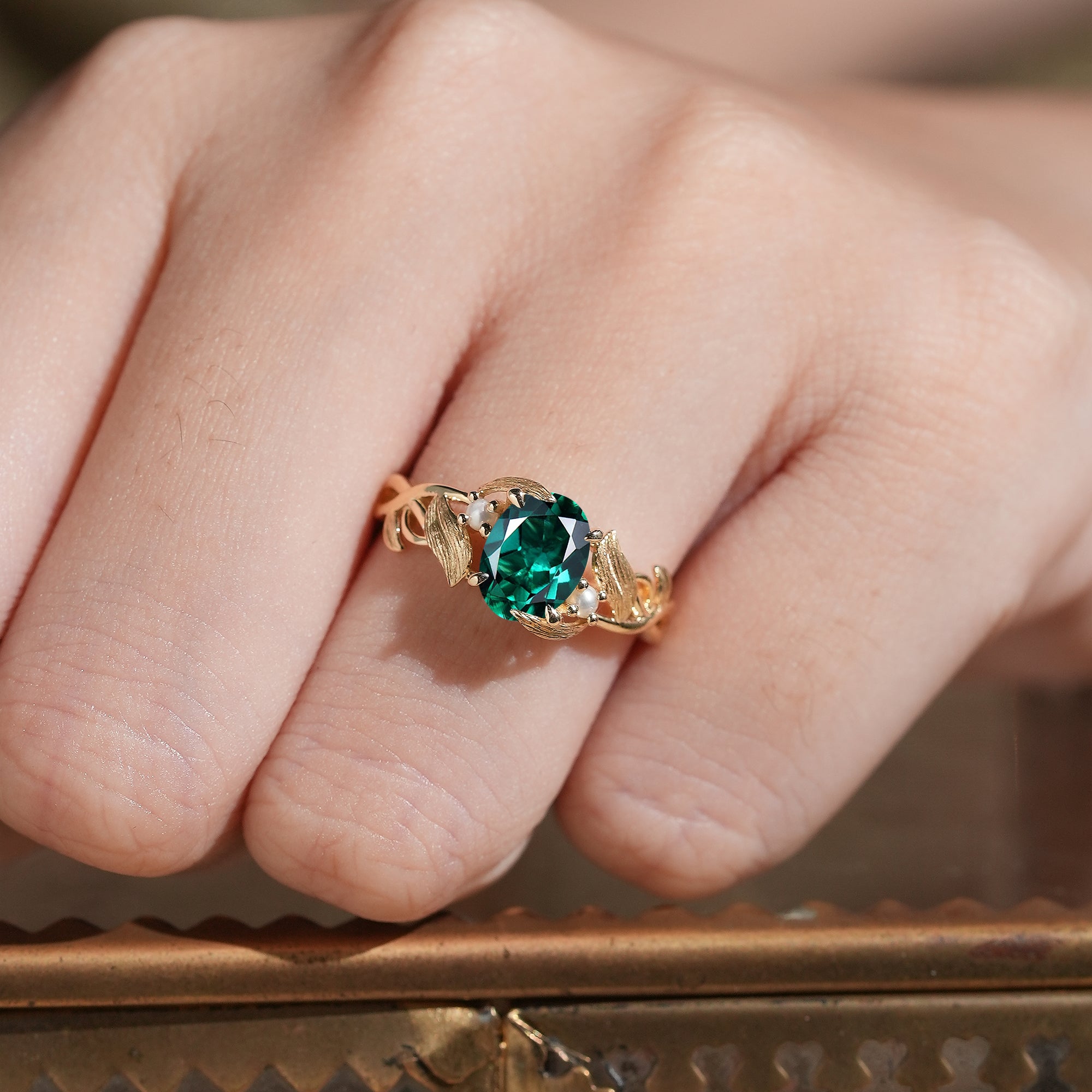 Elegant Oval Cut Emerald Brushed Gold Leaf Ring - Thea (925 Silver) - GemsMagic