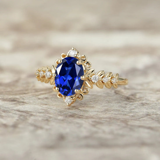 Elegant Royal Blue Sapphire Filigree Leaf Engagement Ring - Odette - GemsMagic