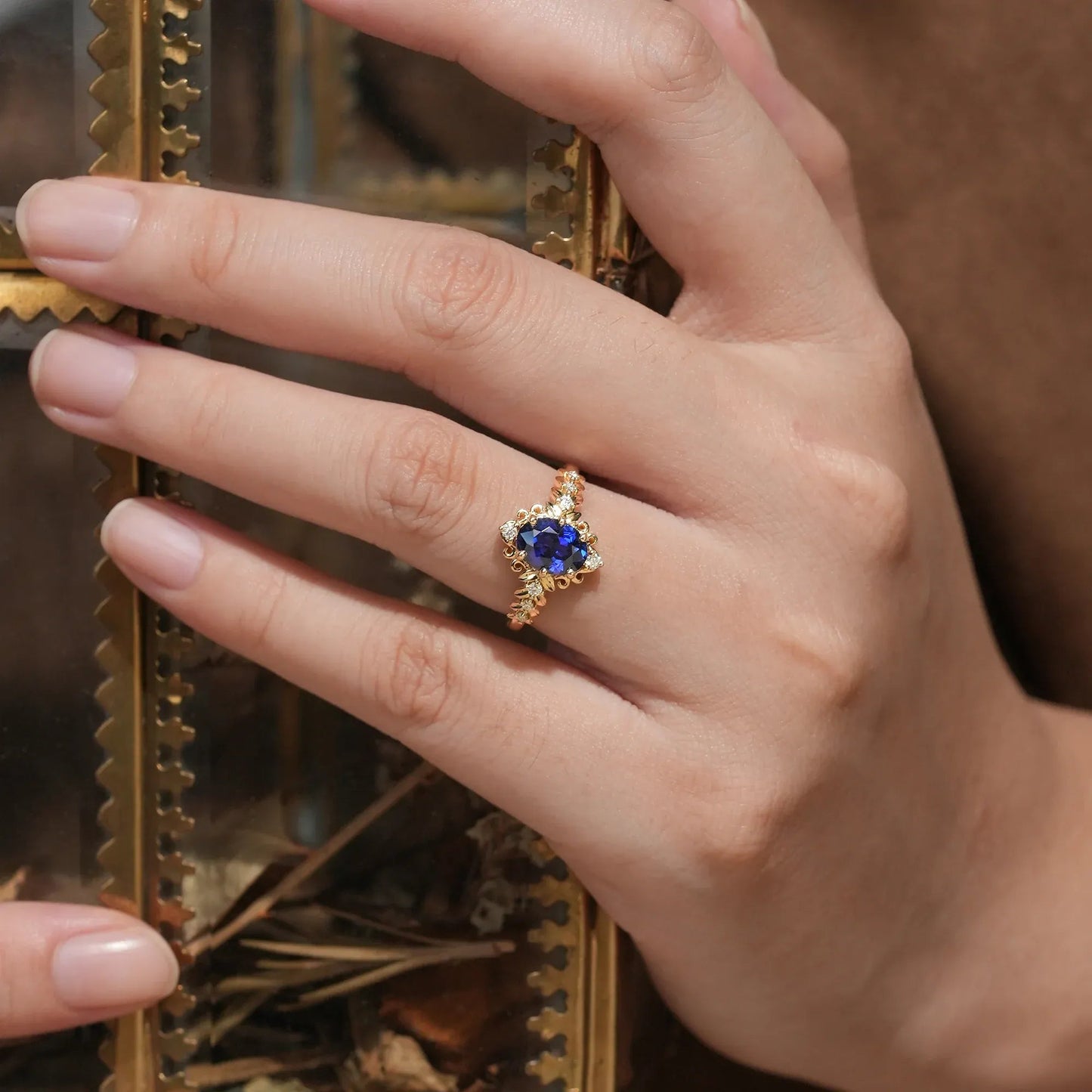 Elegant Royal Blue Sapphire Filigree Leaf Engagement Ring - Odette - GemsMagic