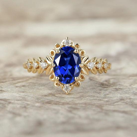 Elegant Royal Blue Sapphire Filigree Leaf Engagement Ring - Odette - GemsMagic
