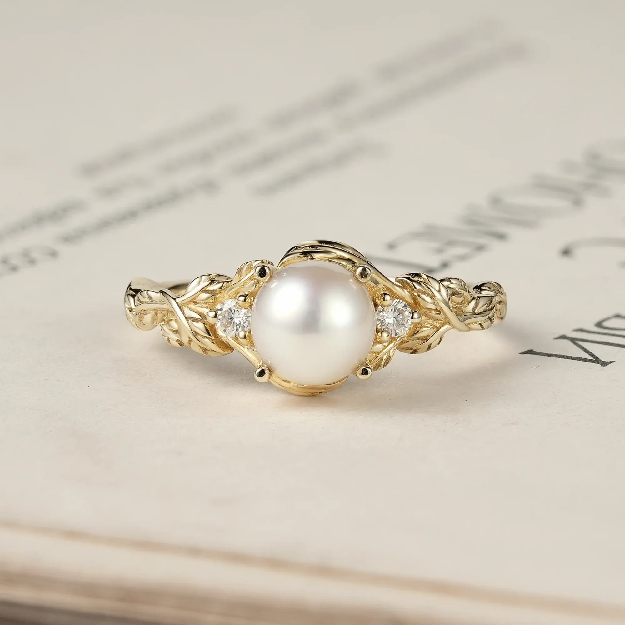 Embrace of Nature: Pearl Leaf Engagement Ring - GemsMagic