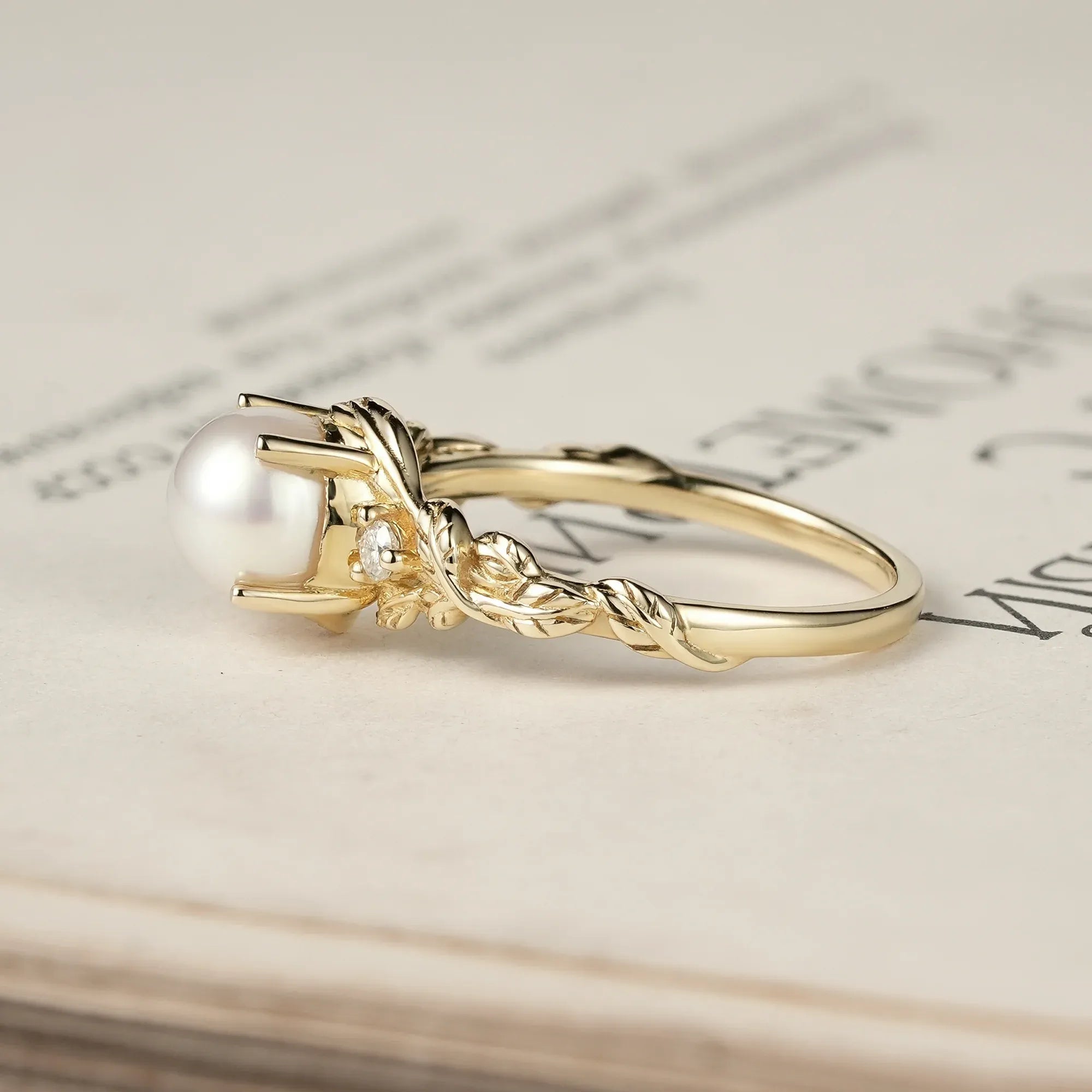 Embrace of Nature: Pearl Leaf Engagement Ring - GemsMagic