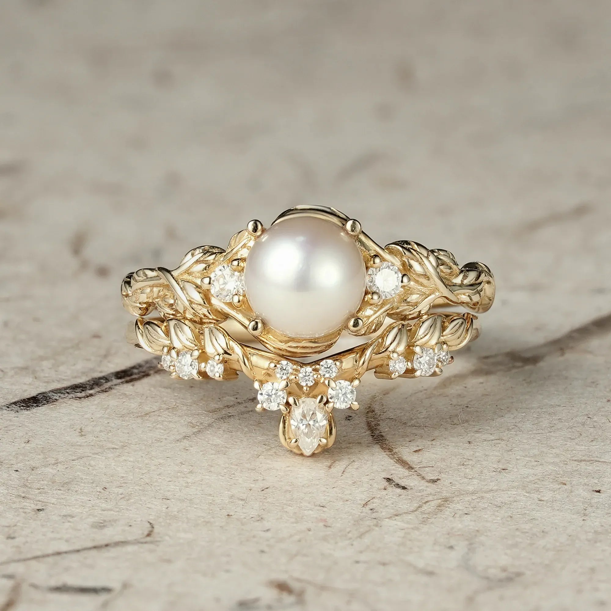 Embrace of Nature: Pearl Leaf Ring Set - GemsMagic