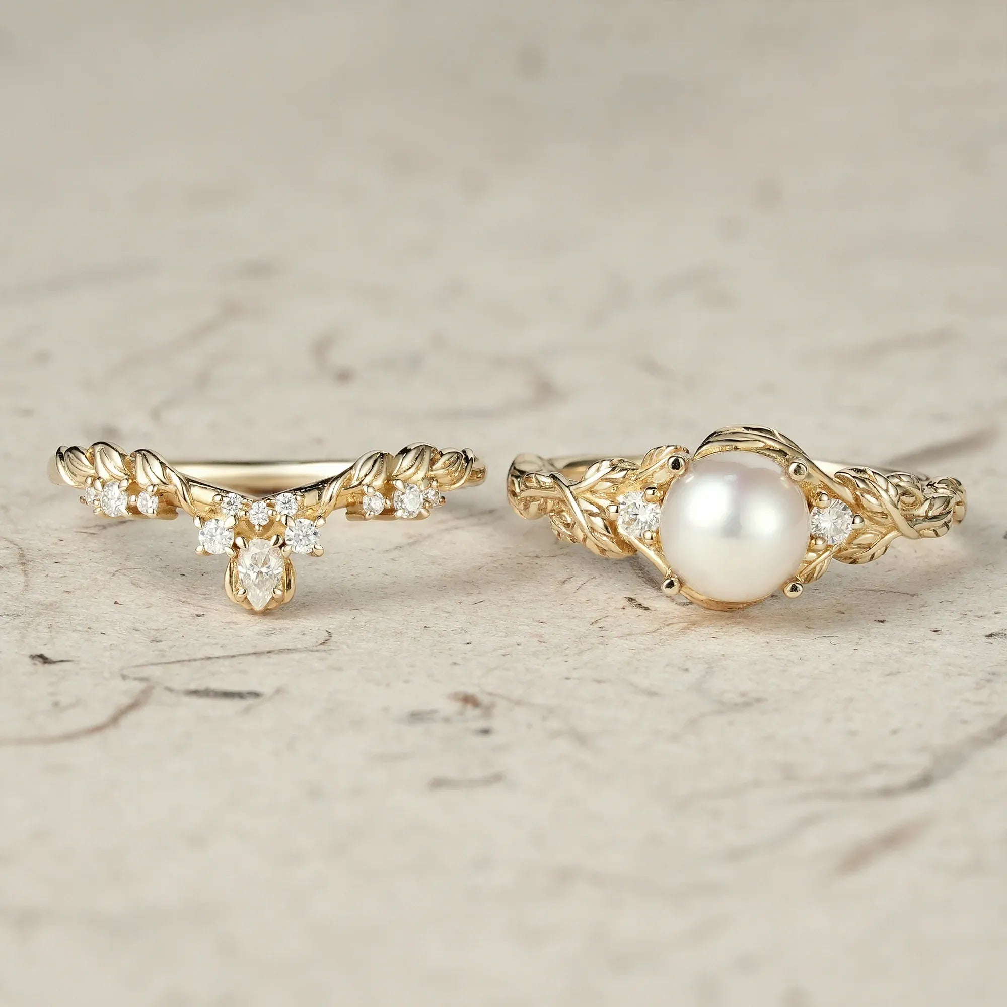 Embrace of Nature: Pearl Leaf Ring Set - GemsMagic