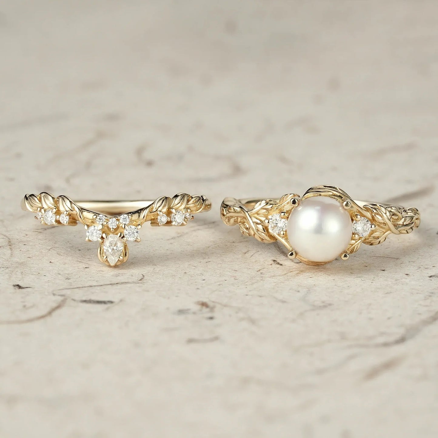 Embrace of Nature: Pearl Leaf Ring Set - GemsMagic