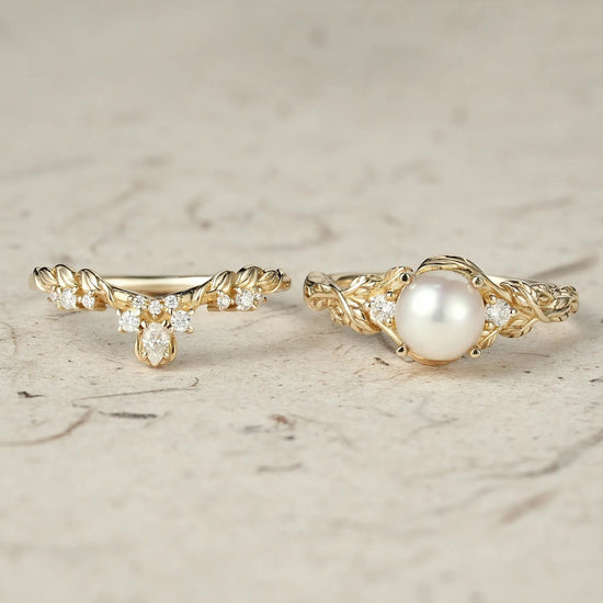 Embrace of Nature: Pearl Leaf Ring Set - GemsMagic