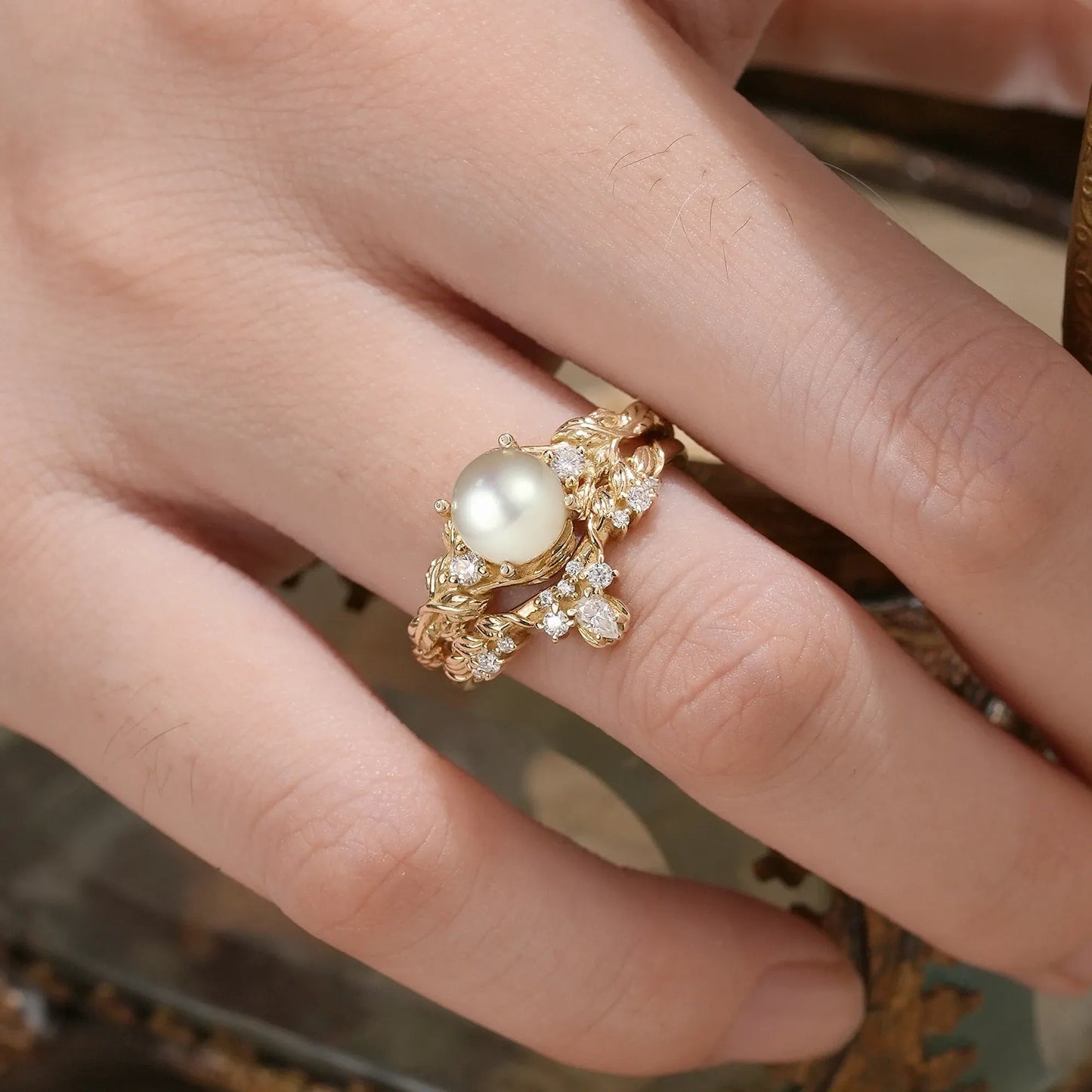 Embrace of Nature: Pearl Leaf Ring Set - GemsMagic