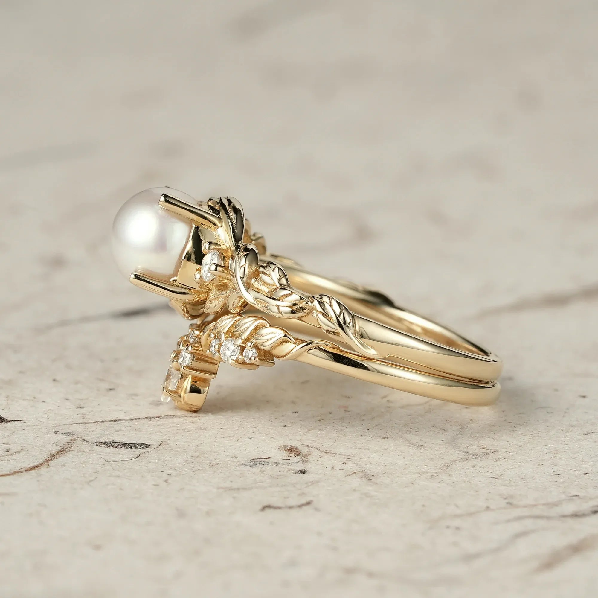Embrace of Nature: Pearl Leaf Ring Set - GemsMagic