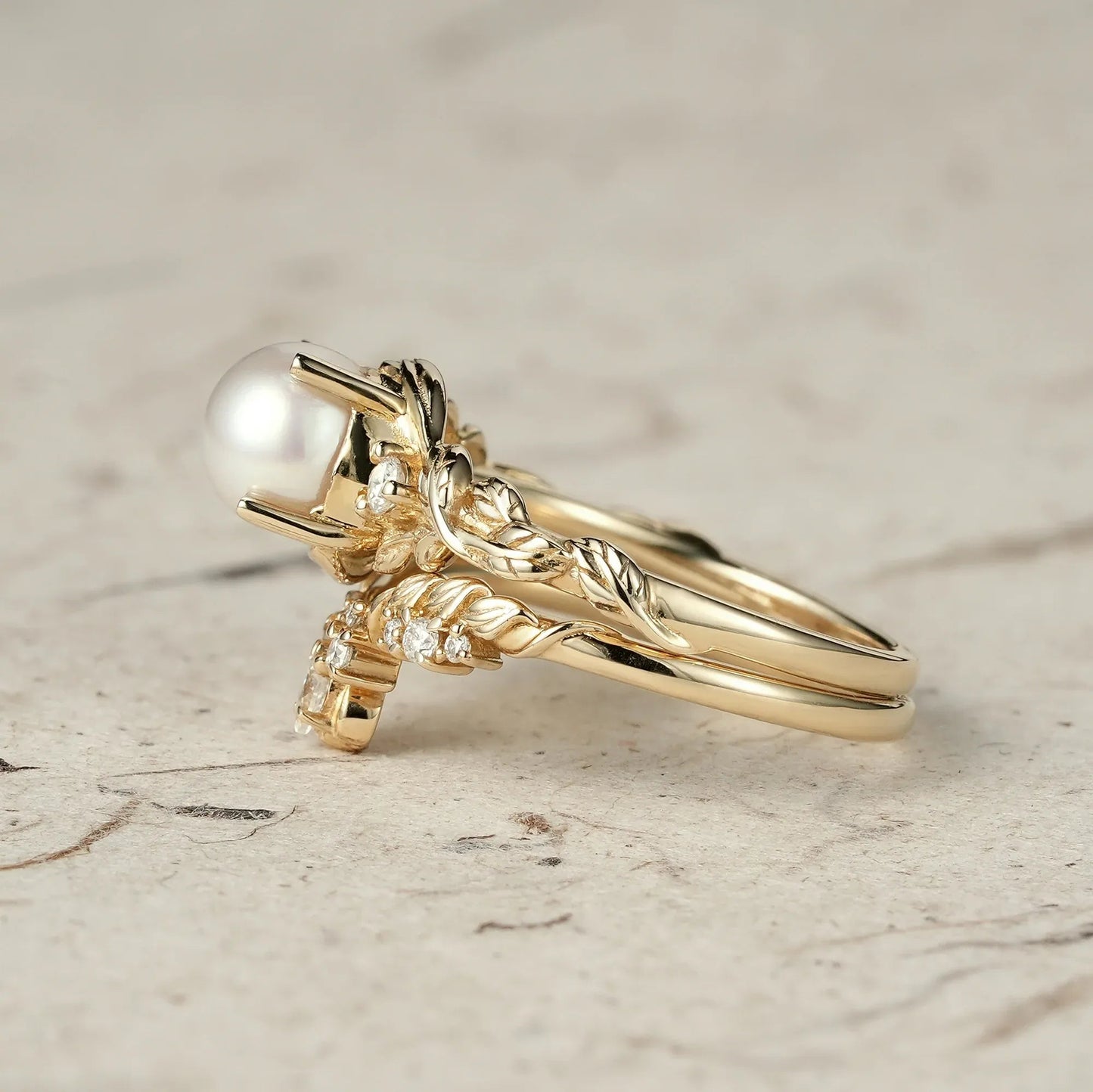 Embrace of Nature: Pearl Leaf Ring Set - GemsMagic