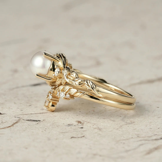 Embrace of Nature: Pearl Leaf Ring Set - GemsMagic