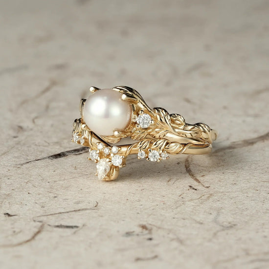 Embrace of Nature: Pearl Leaf Ring Set - GemsMagic