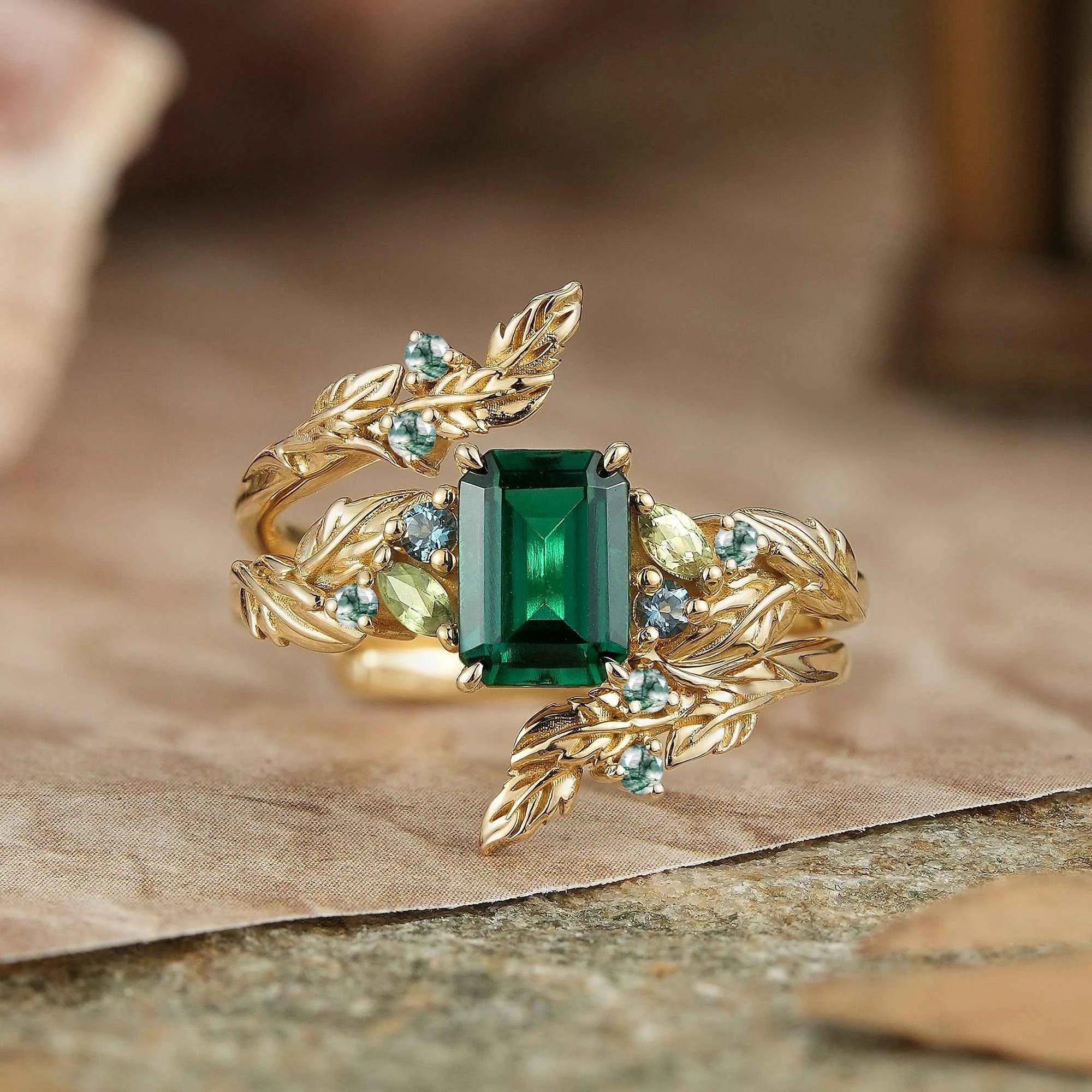 Emerald Cut Emerald Leaf Enhancer Ring Nature Inspired Bridal Ring Set 2pcs - GemsMagic - GemsMagic
