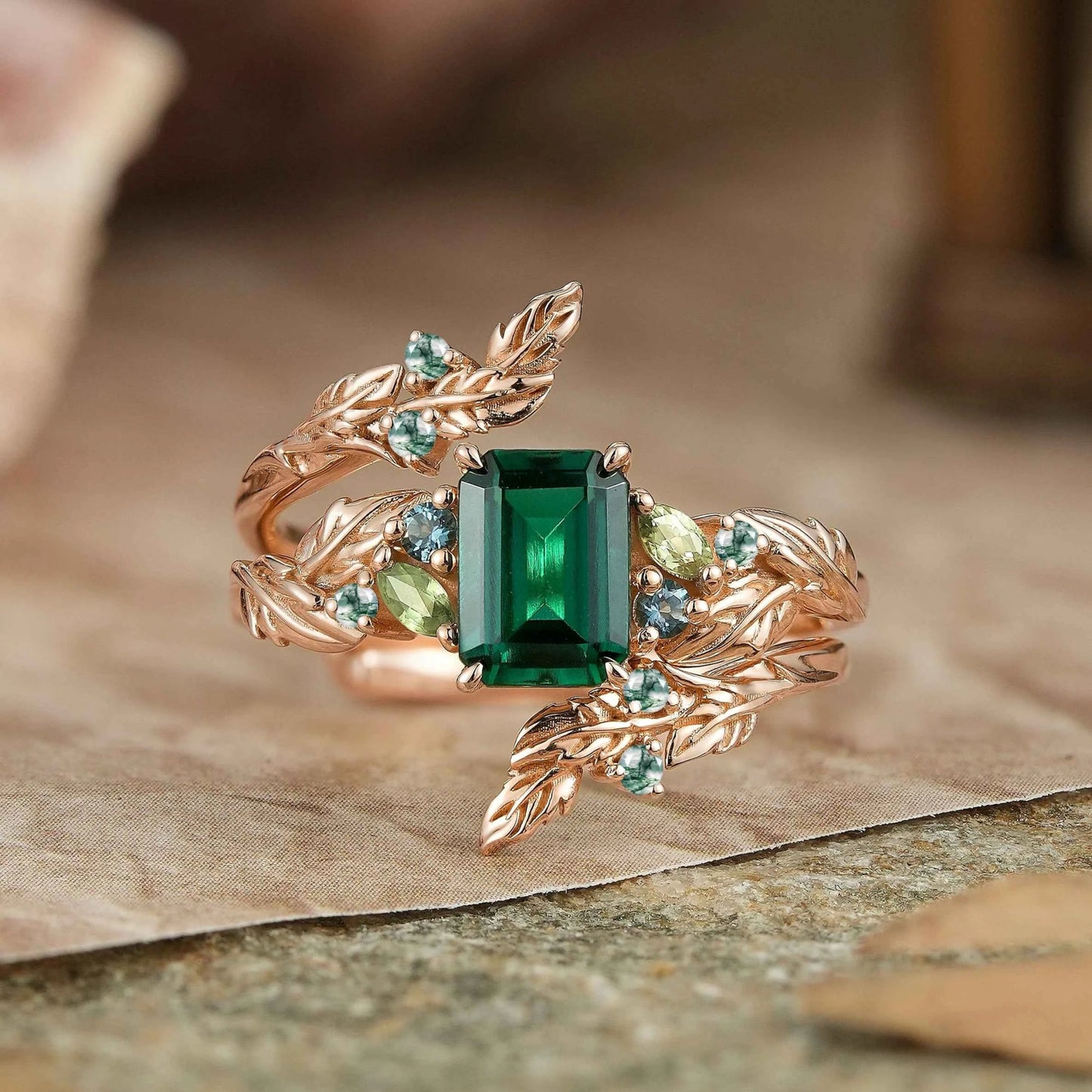 Emerald Cut Emerald Leaf Enhancer Ring Nature Inspired Bridal Ring Set 2pcs - GemsMagic - GemsMagic