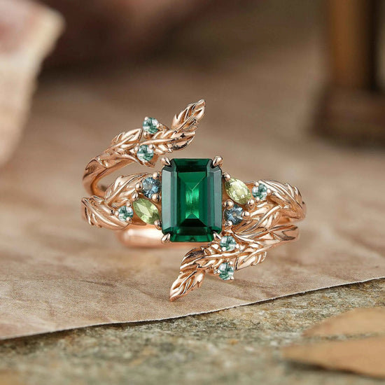 Emerald Cut Emerald Leaf Enhancer Ring Nature Inspired Bridal Ring Set 2pcs - GemsMagic - GemsMagic