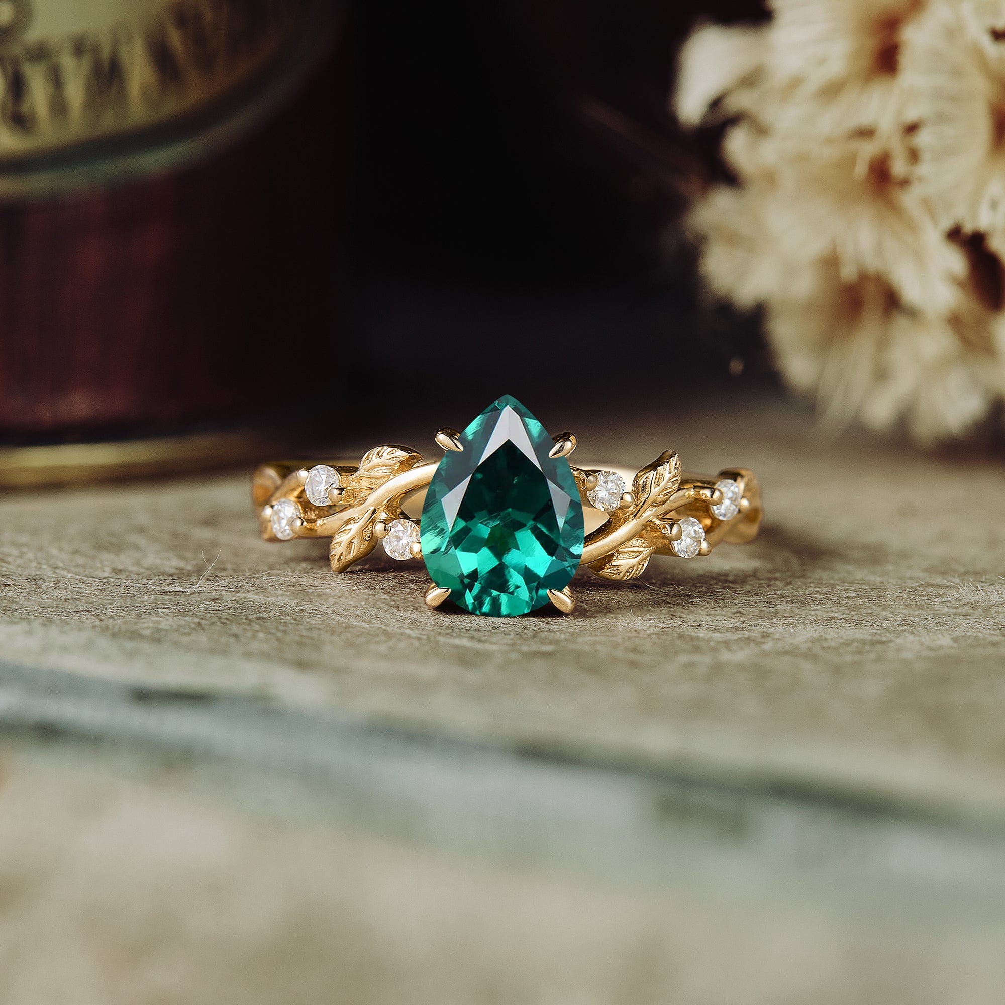 Emerald Leaf Engagement Ring (925 Silver) - GemsMagic - GemsMagic