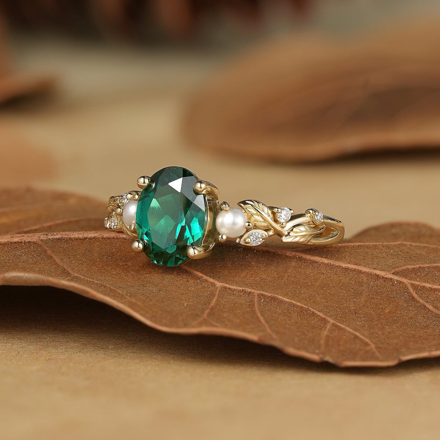 Emerald Leaf Vine Ring with Pearls & Moissanite - Orla (925 Silver) - GemsMagic