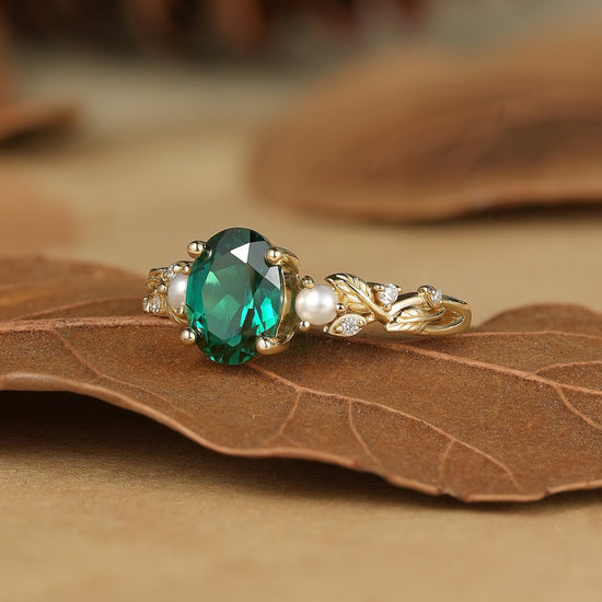 Emerald Leaf Vine Ring with Pearls & Moissanite - Orla (925 Silver) - GemsMagic