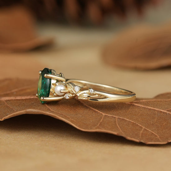 Emerald Leaf Vine Ring with Pearls & Moissanite - Orla (925 Silver) - GemsMagic