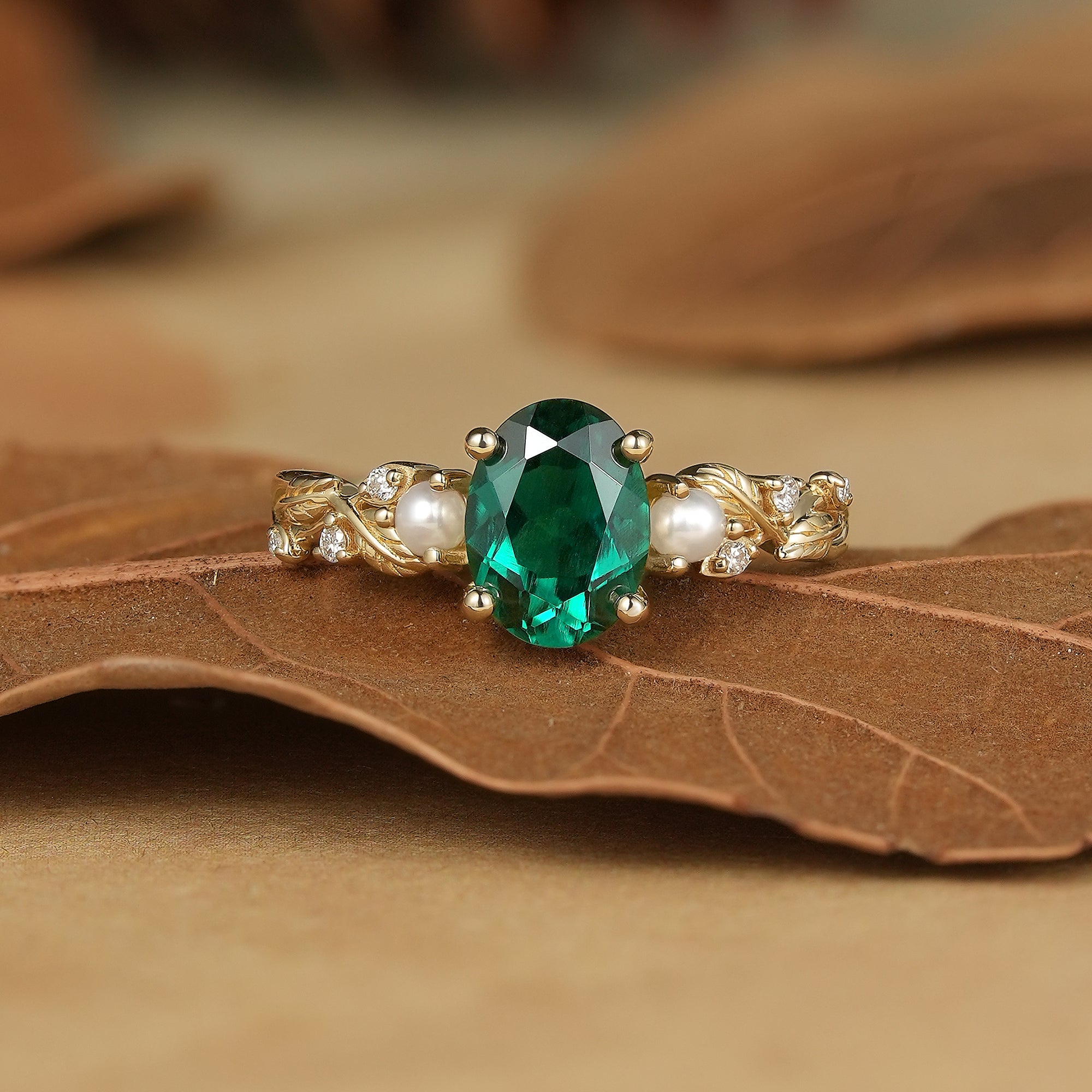 Emerald Leaf Vine Ring with Pearls & Moissanite - Orla (925 Silver) - GemsMagic