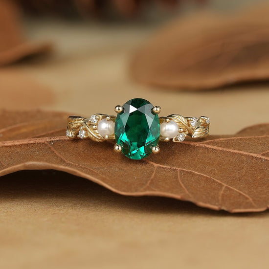 Emerald Leaf Vine Ring with Pearls & Moissanite - Orla (925 Silver) - GemsMagic