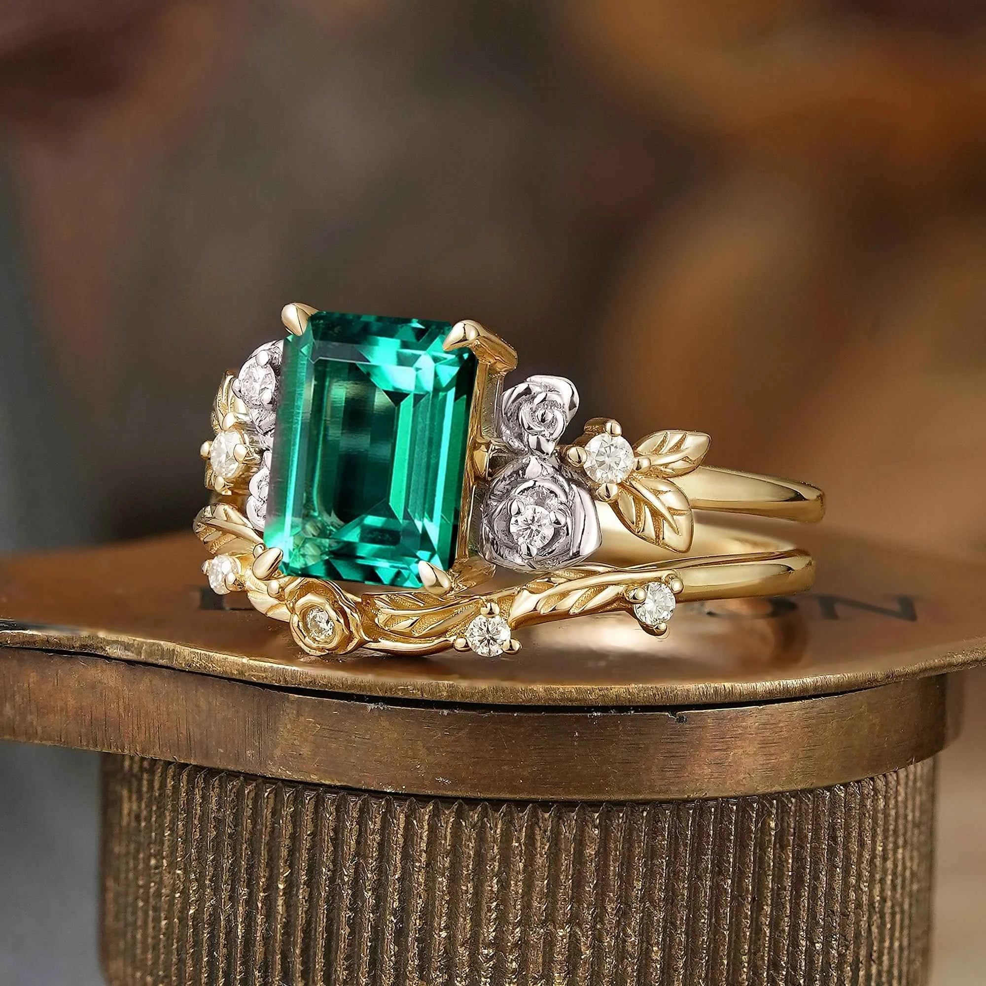 Emerald Nature Inspired Bridal Ring Set Mixed Metal Rose Blossom Wedding Ring Set - GemsMagic