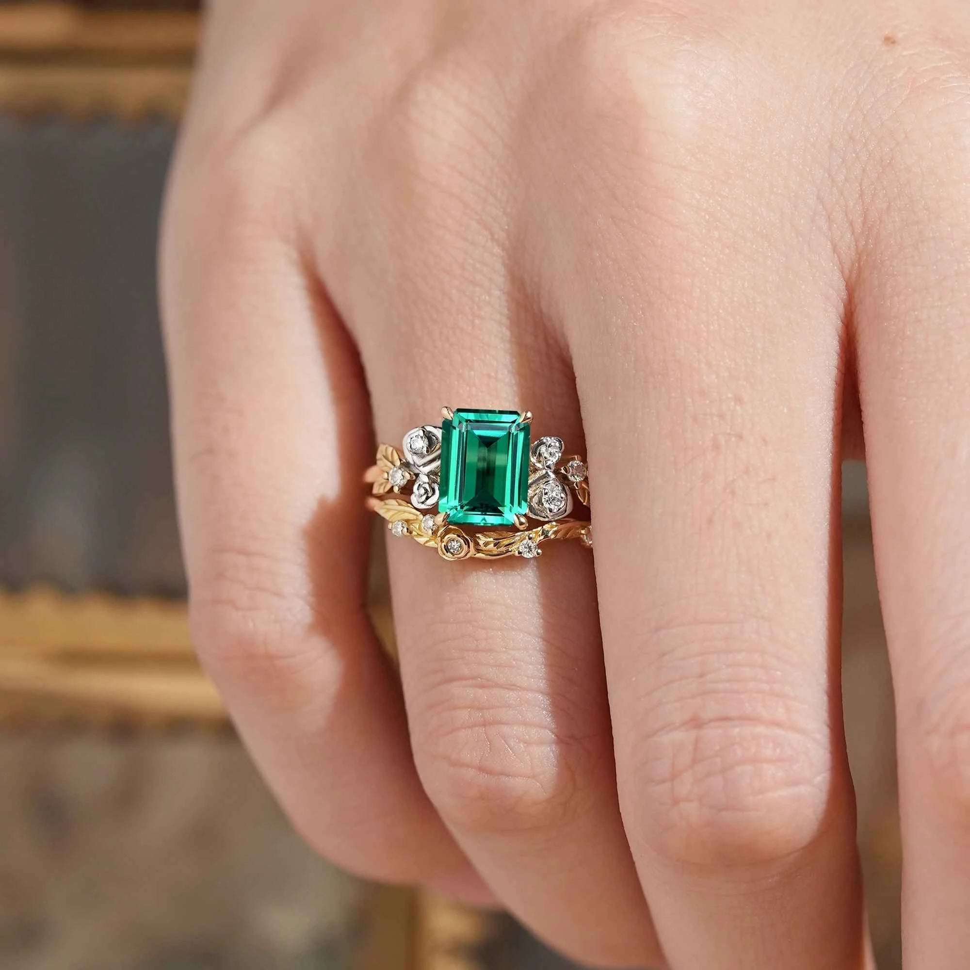 Emerald Nature Inspired Bridal Ring Set Mixed Metal Rose Blossom Wedding Ring Set - GemsMagic