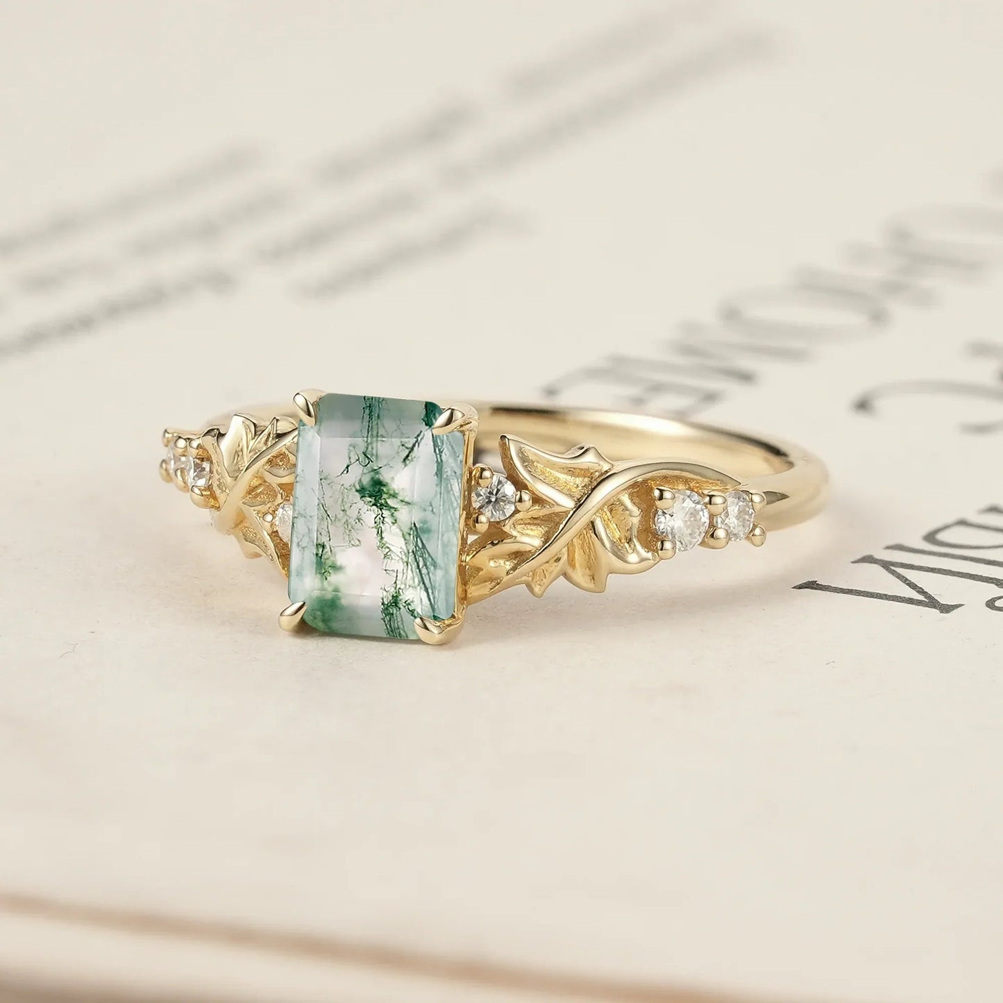 Enchanted Forest Emerald Cut Moss Agate Ring - GemsMagic