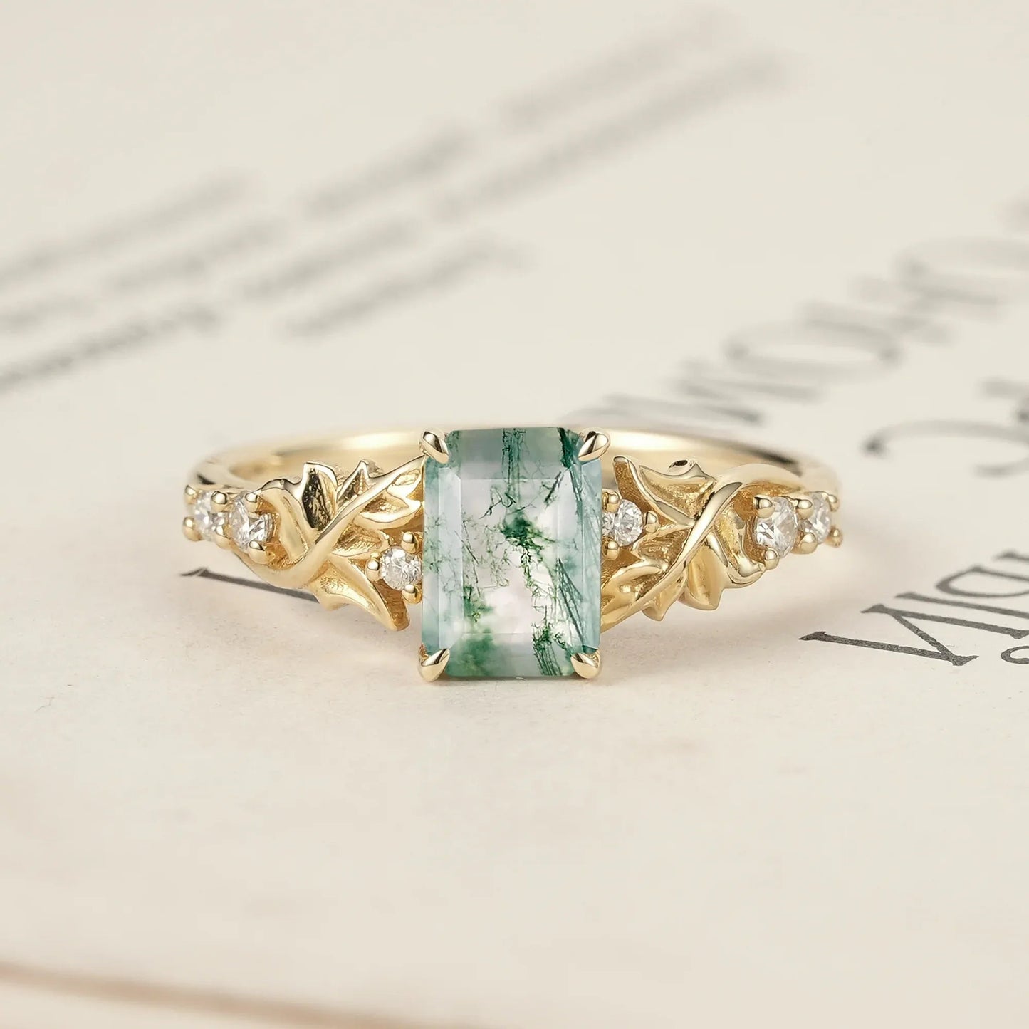 Enchanted Forest Emerald Cut Moss Agate Ring - GemsMagic