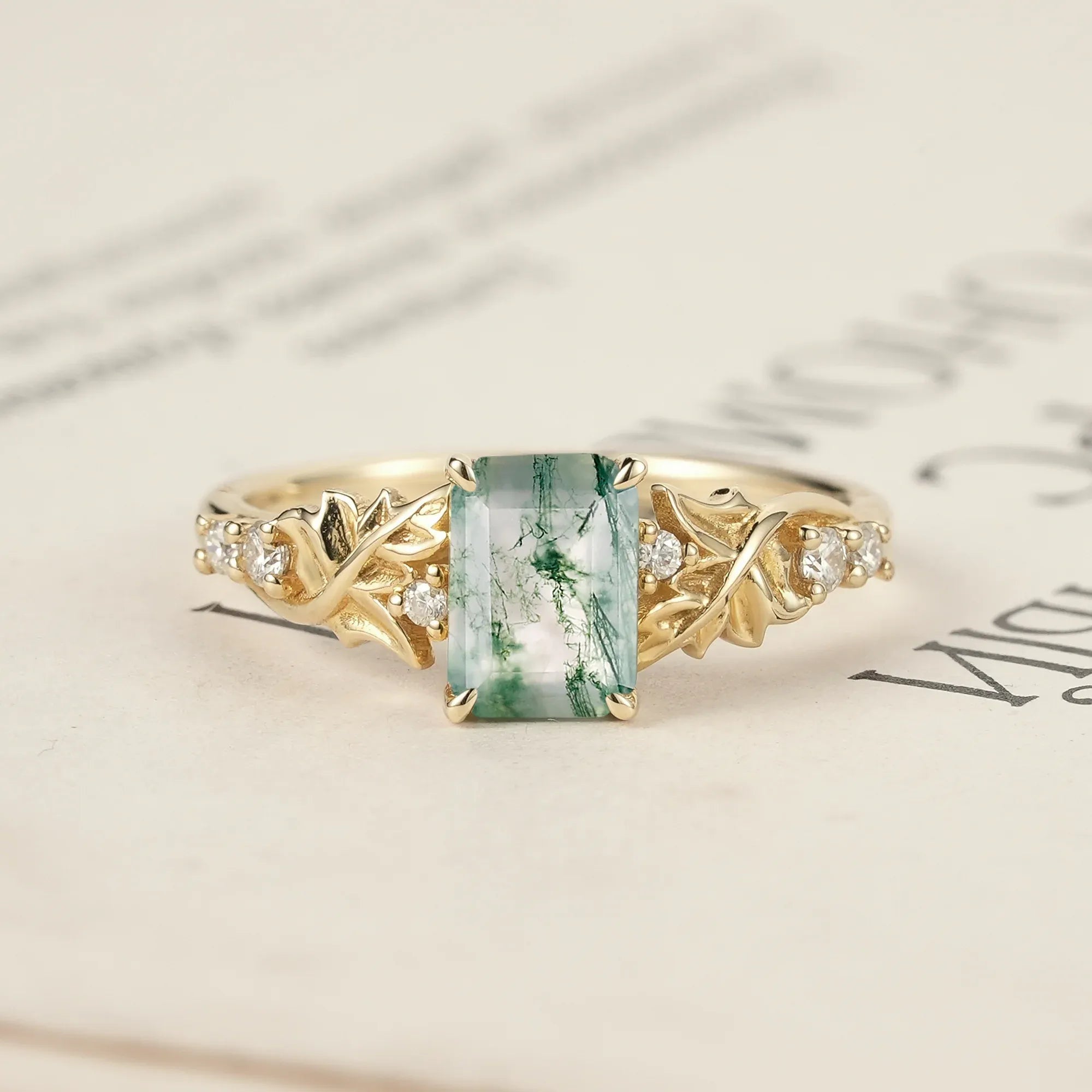 Enchanted Forest Emerald Cut Moss Agate Ring - GemsMagic