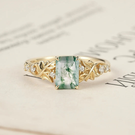 Enchanted Forest Emerald Cut Moss Agate Ring - GemsMagic