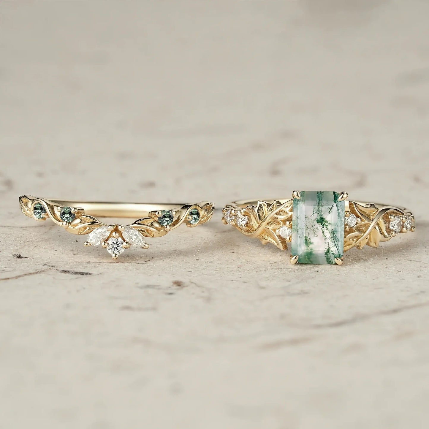 Enchanted Forest Emerald Cut Moss Agate Ring Set - GemsMagic