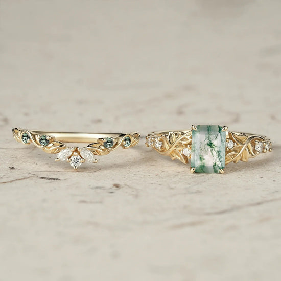 Enchanted Forest Emerald Cut Moss Agate Ring Set - GemsMagic