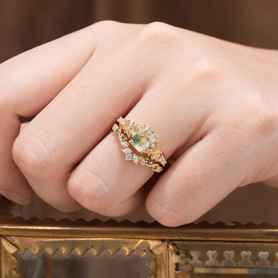 Enchanted Forest Emerald Cut Moss Agate Ring Set - GemsMagic