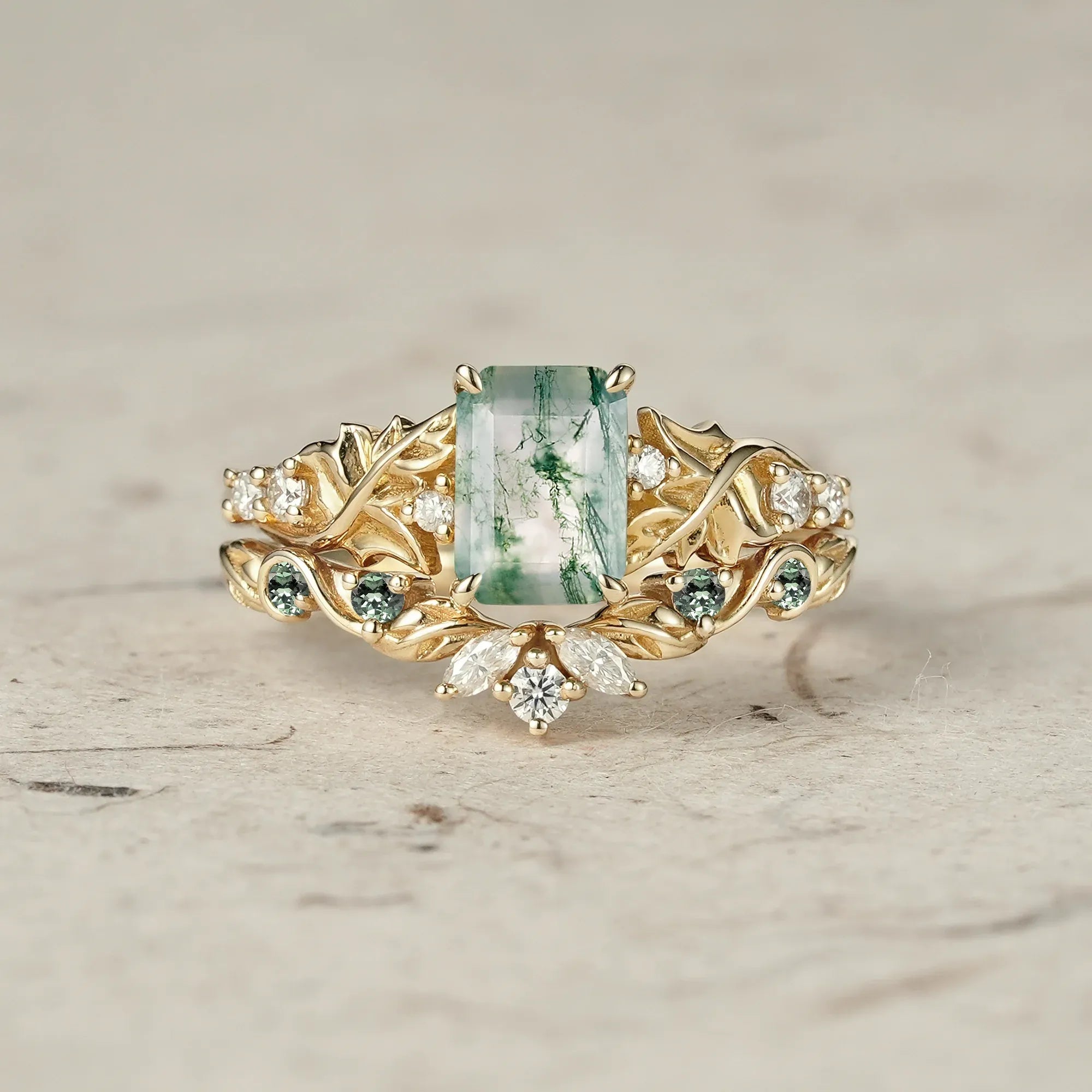 Enchanted Forest Emerald Cut Moss Agate Ring Set - GemsMagic