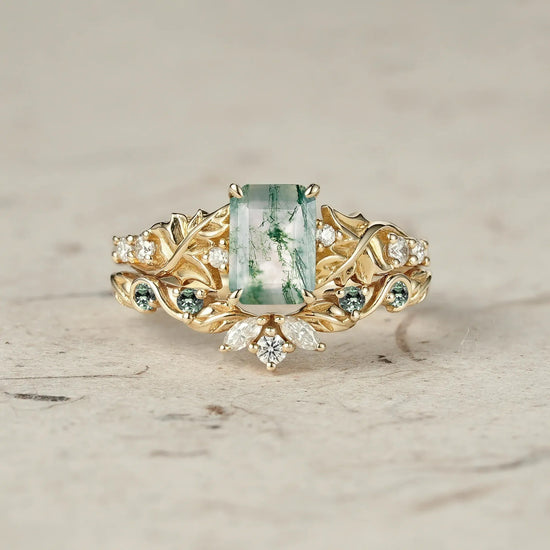 Enchanted Forest Emerald Cut Moss Agate Ring Set - GemsMagic
