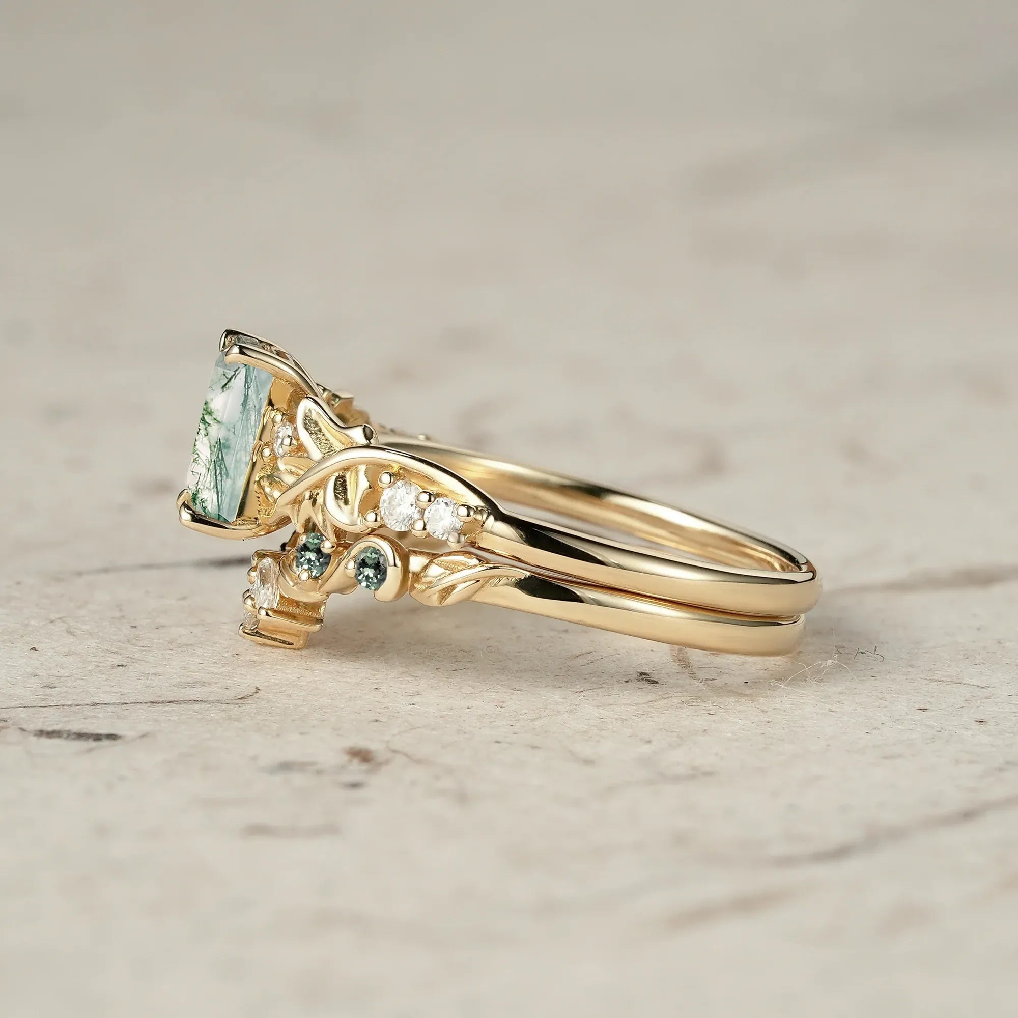 Enchanted Forest Emerald Cut Moss Agate Ring Set - GemsMagic