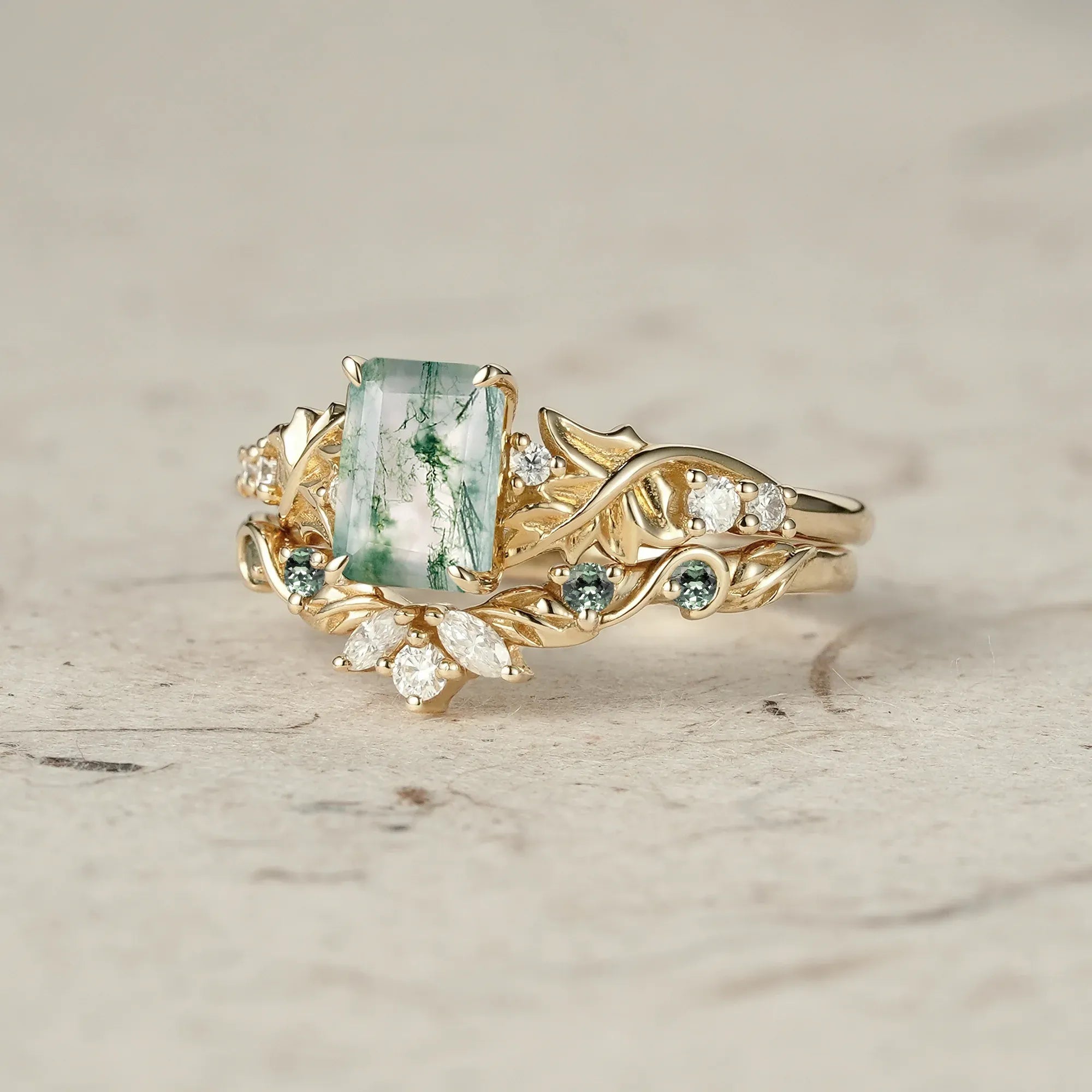 Enchanted Forest Emerald Cut Moss Agate Ring Set - GemsMagic