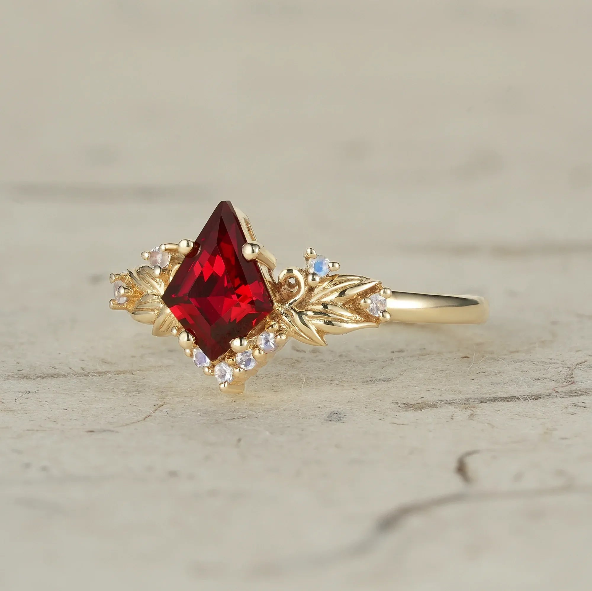 Eternal Flame: Ruby and Moonstone Leaf Ring - Brielle - GemsMagic