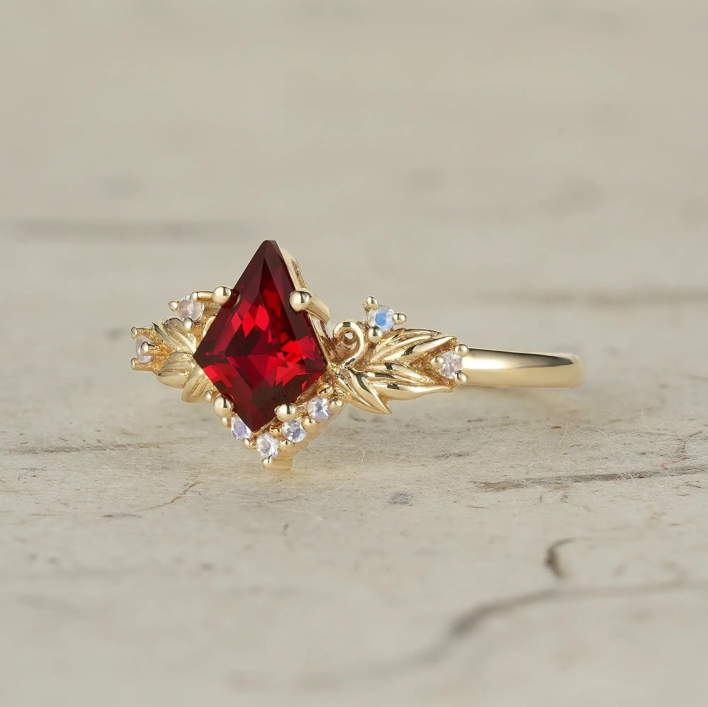 Eternal Flame: Ruby and Moonstone Leaf Ring - Brielle - GemsMagic