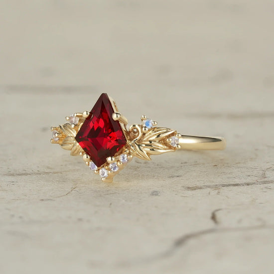 Eternal Flame: Ruby and Moonstone Leaf Ring - Brielle - GemsMagic