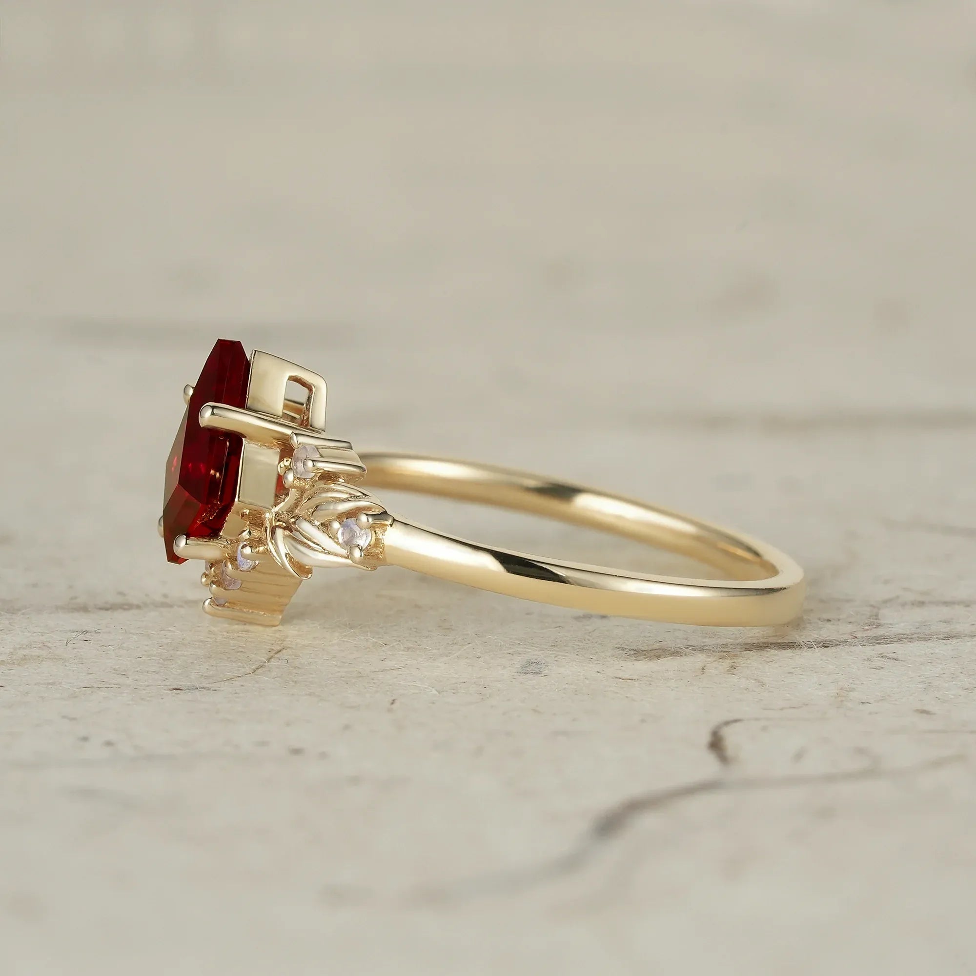 Eternal Flame: Ruby and Moonstone Leaf Ring - Brielle - GemsMagic