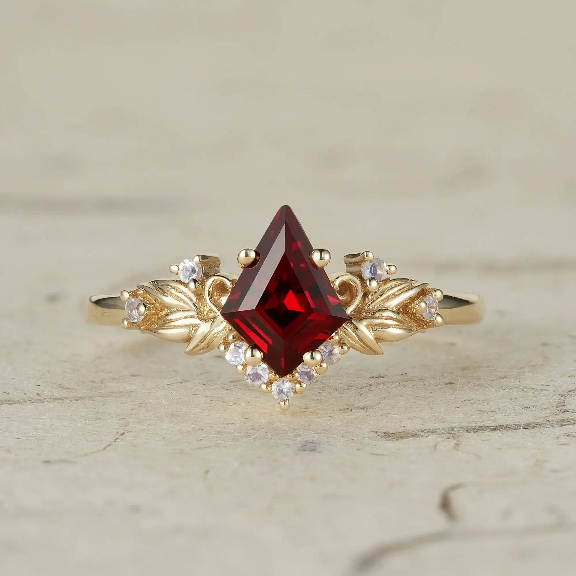 Eternal Flame: Ruby and Moonstone Leaf Ring - Brielle - GemsMagic