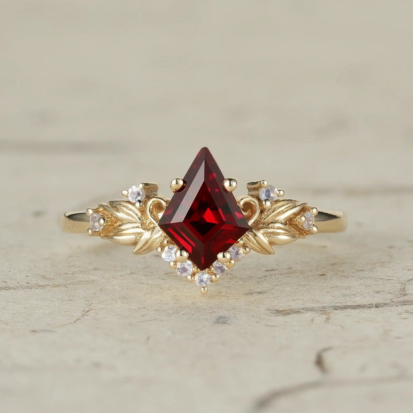 Eternal Flame: Ruby and Moonstone Leaf Ring - Brielle - GemsMagic