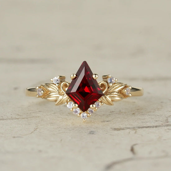 Eternal Flame: Ruby and Moonstone Leaf Ring - Brielle - GemsMagic