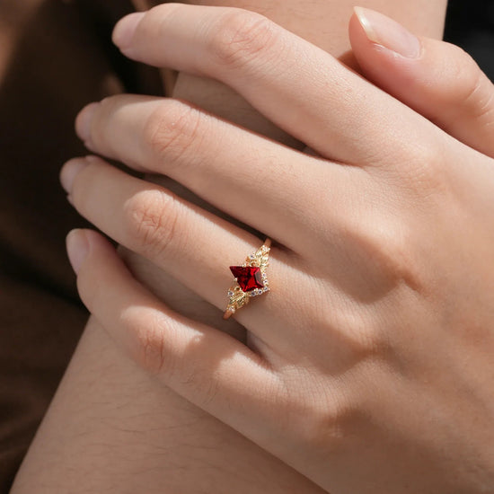 Eternal Flame: Ruby and Moonstone Leaf Ring - Brielle - GemsMagic
