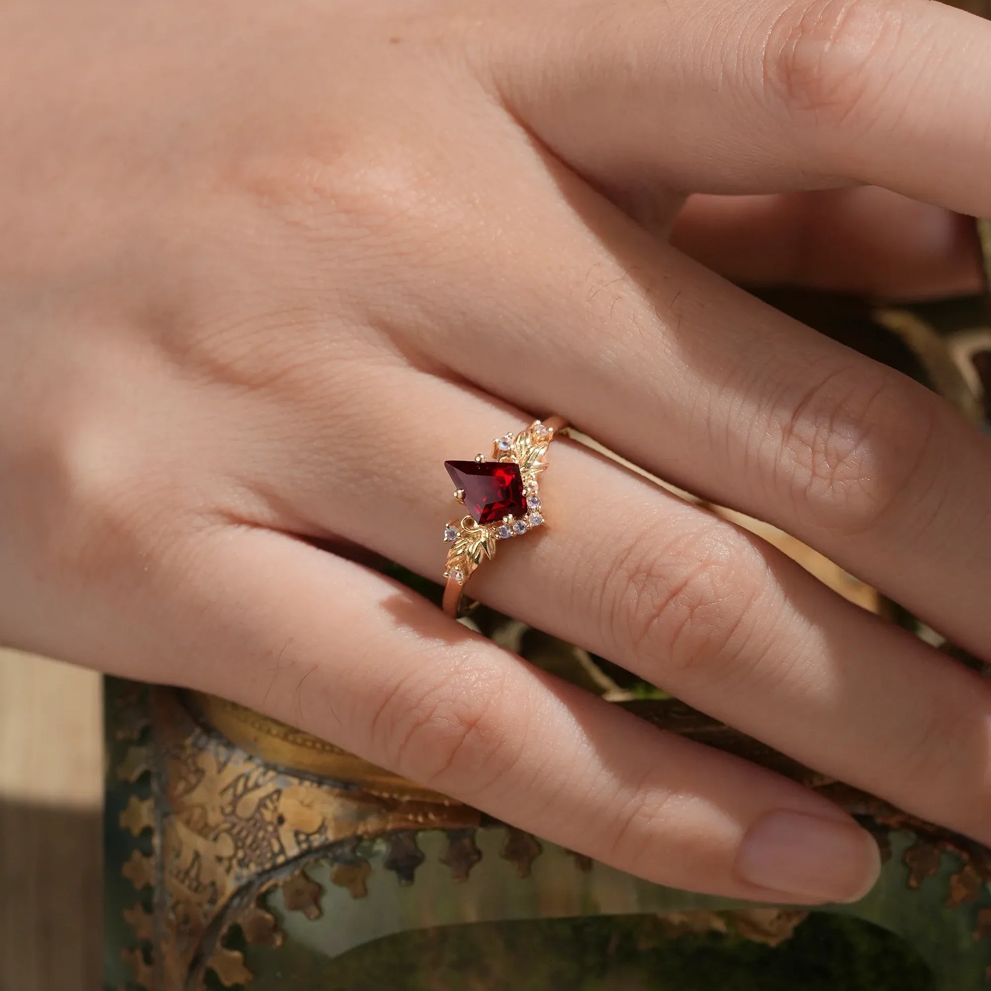 Eternal Flame: Ruby and Moonstone Leaf Ring - Brielle - GemsMagic