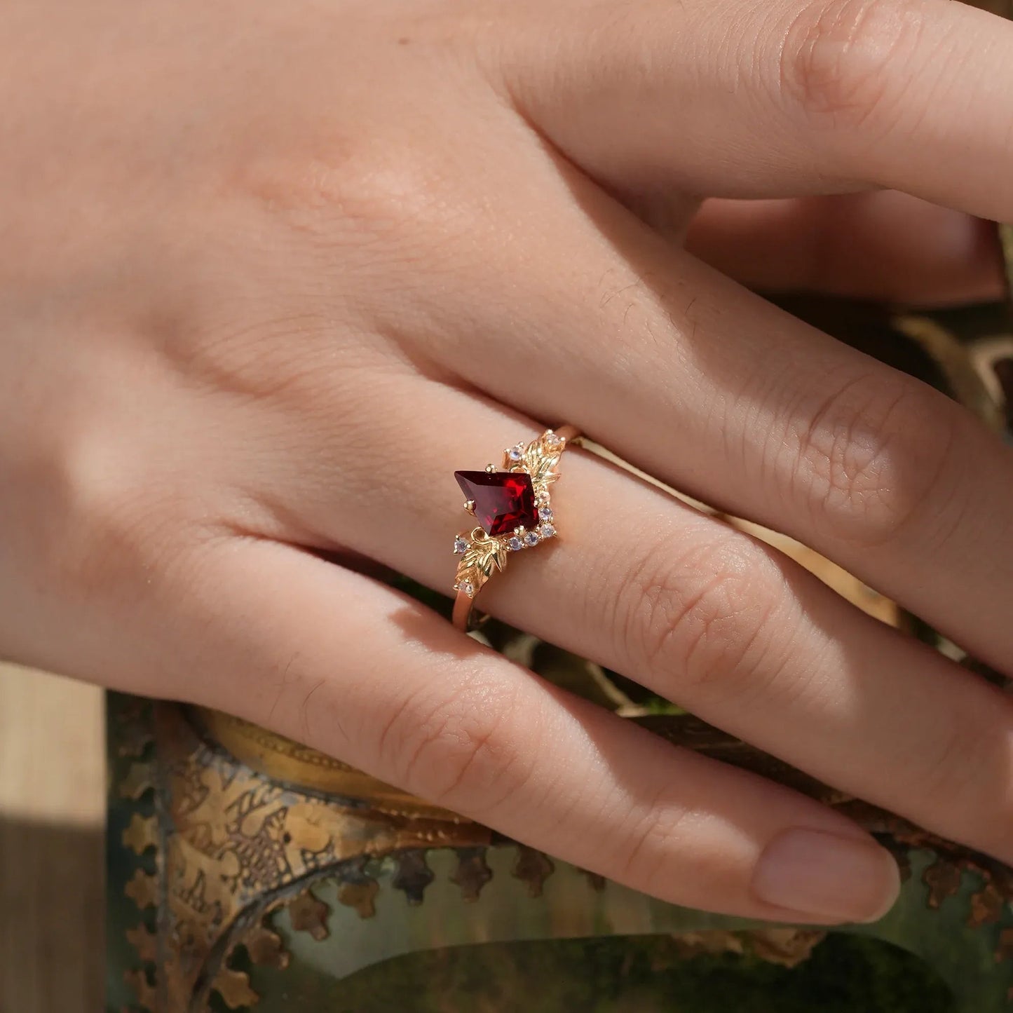 Eternal Flame: Ruby and Moonstone Leaf Ring - Brielle - GemsMagic