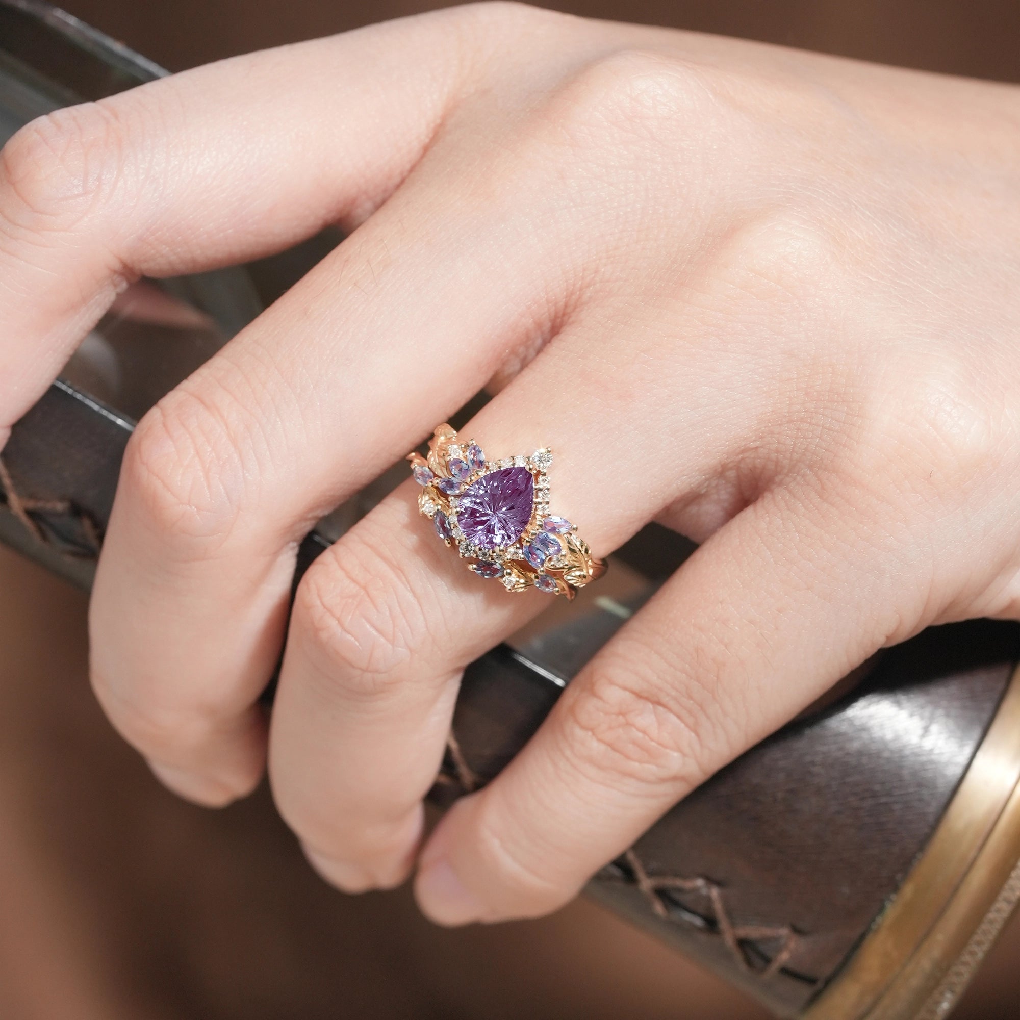 Fairy Ring - Alexandrite Halo Gold Ring Set 2pcs - Vivienne - GemsMagic