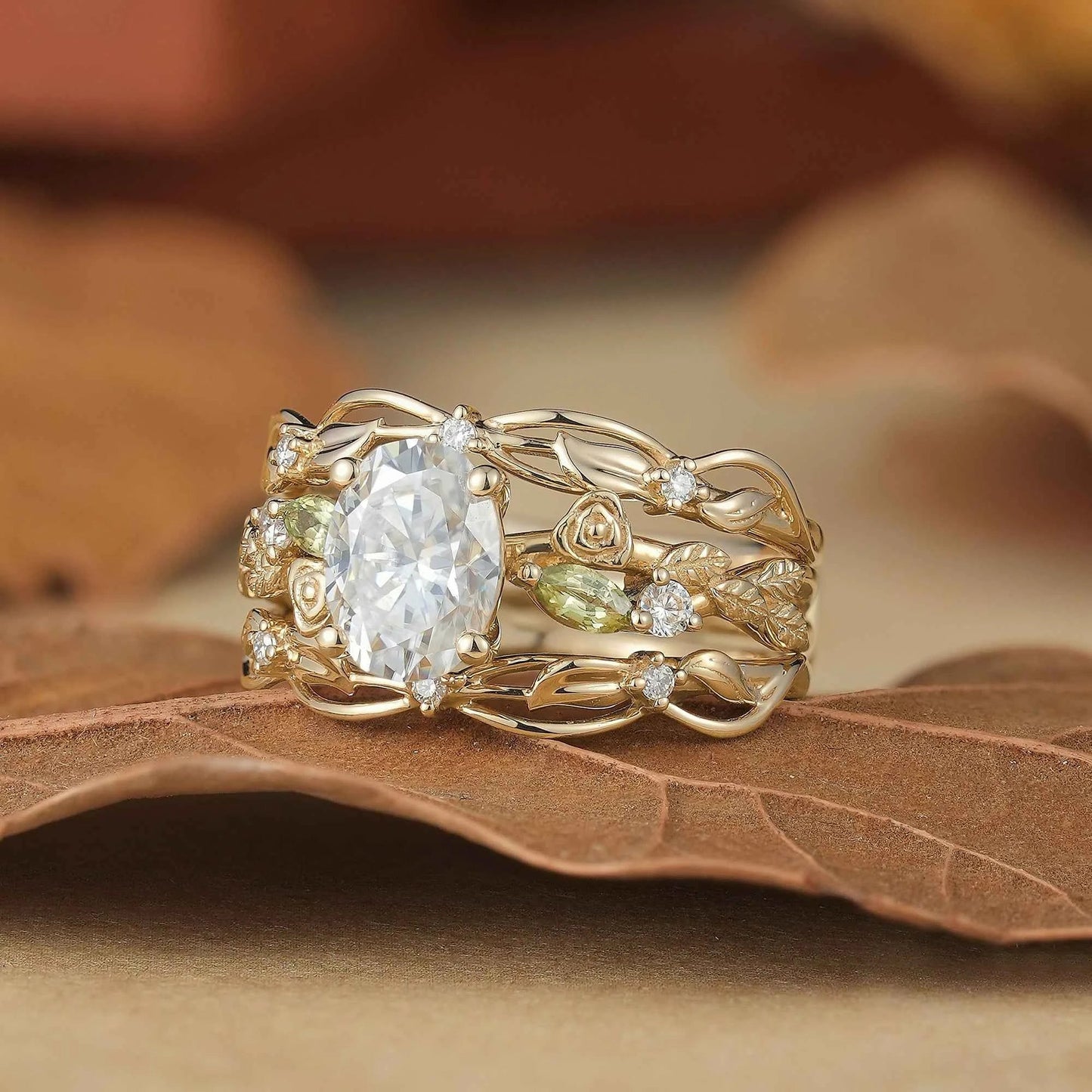 Floral Design Moissanite & Peridot Ring Set - Alba - GemsMagic